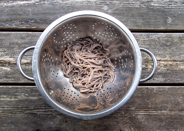 Buckwheat noodles in a strainer