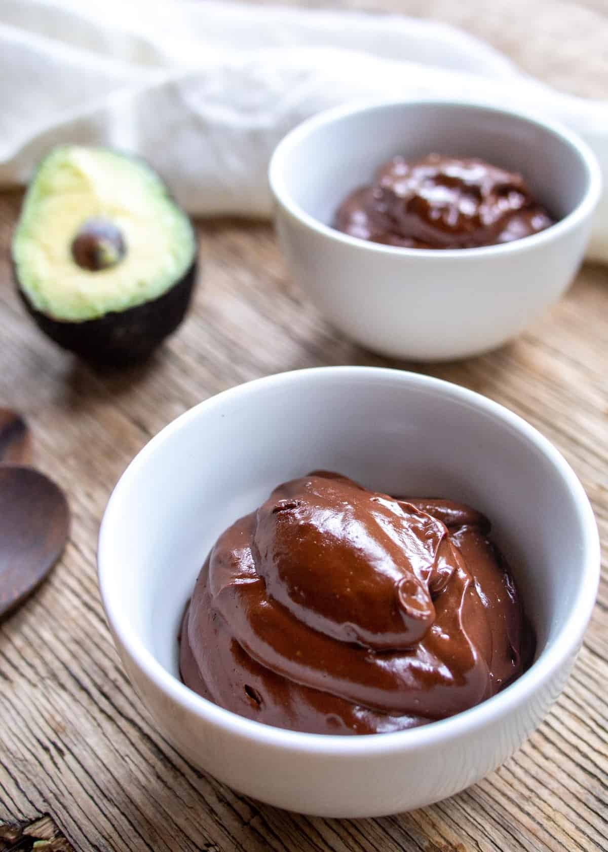 Avocado Mousse in White Bowl with Avocado on side