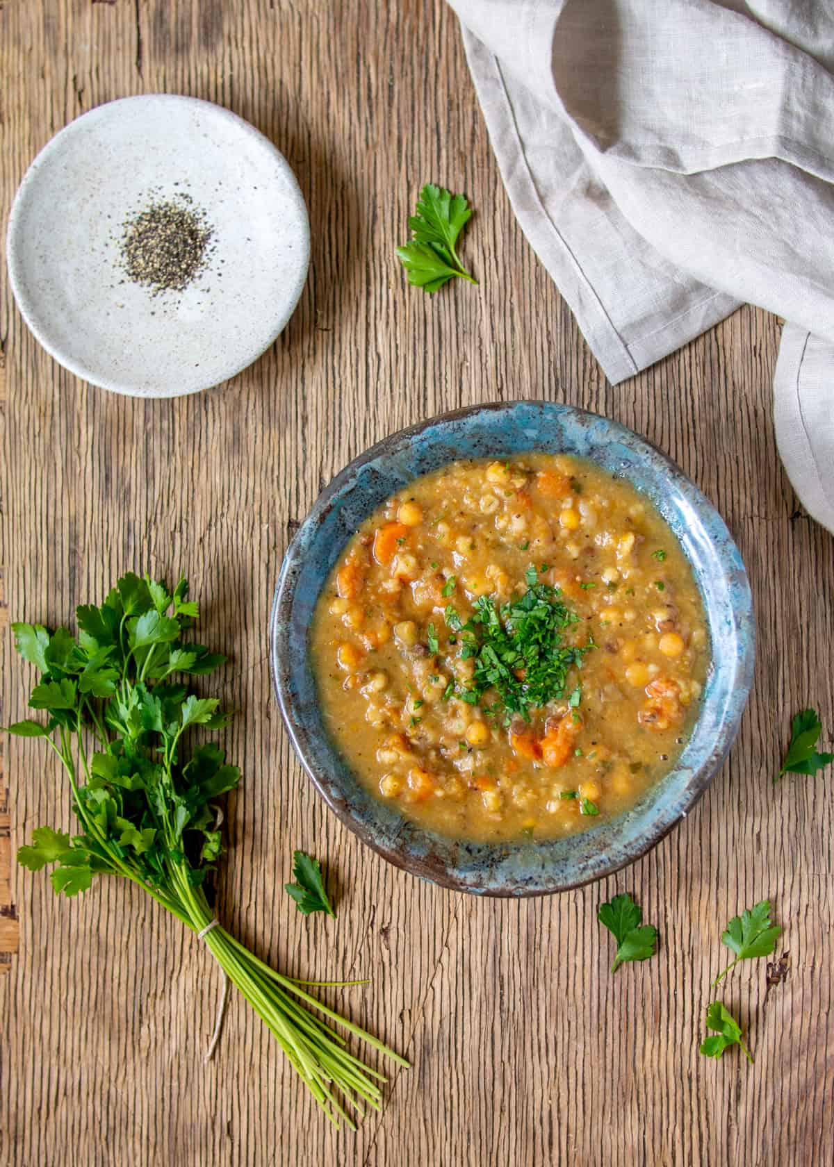 Easy Vegetarian Bean Soup In Blue Bowl with Linen