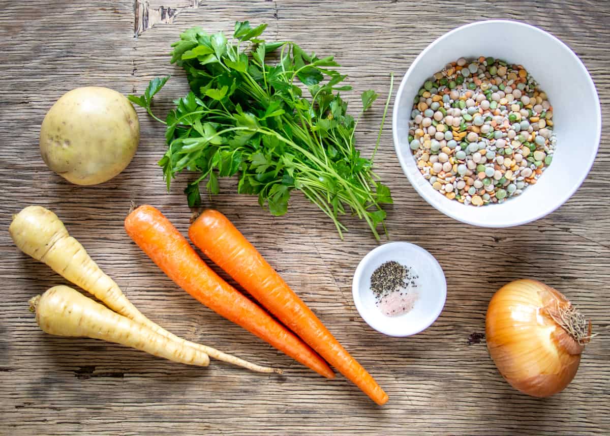 Ingredients for Easy Vegetarian Bean Soup - Carrots, Parsnip, Potato, Parsley, Bean Mix and Onion
