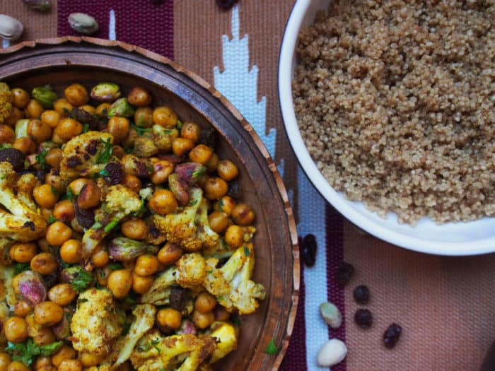 Curried Chickpeas and Roasted Cauliflower with Couscous or Quinoa