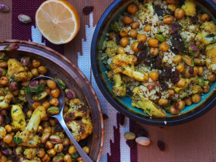 Roasted Cauliflower and Curried Chickpeas with Couscous or Quinoa
