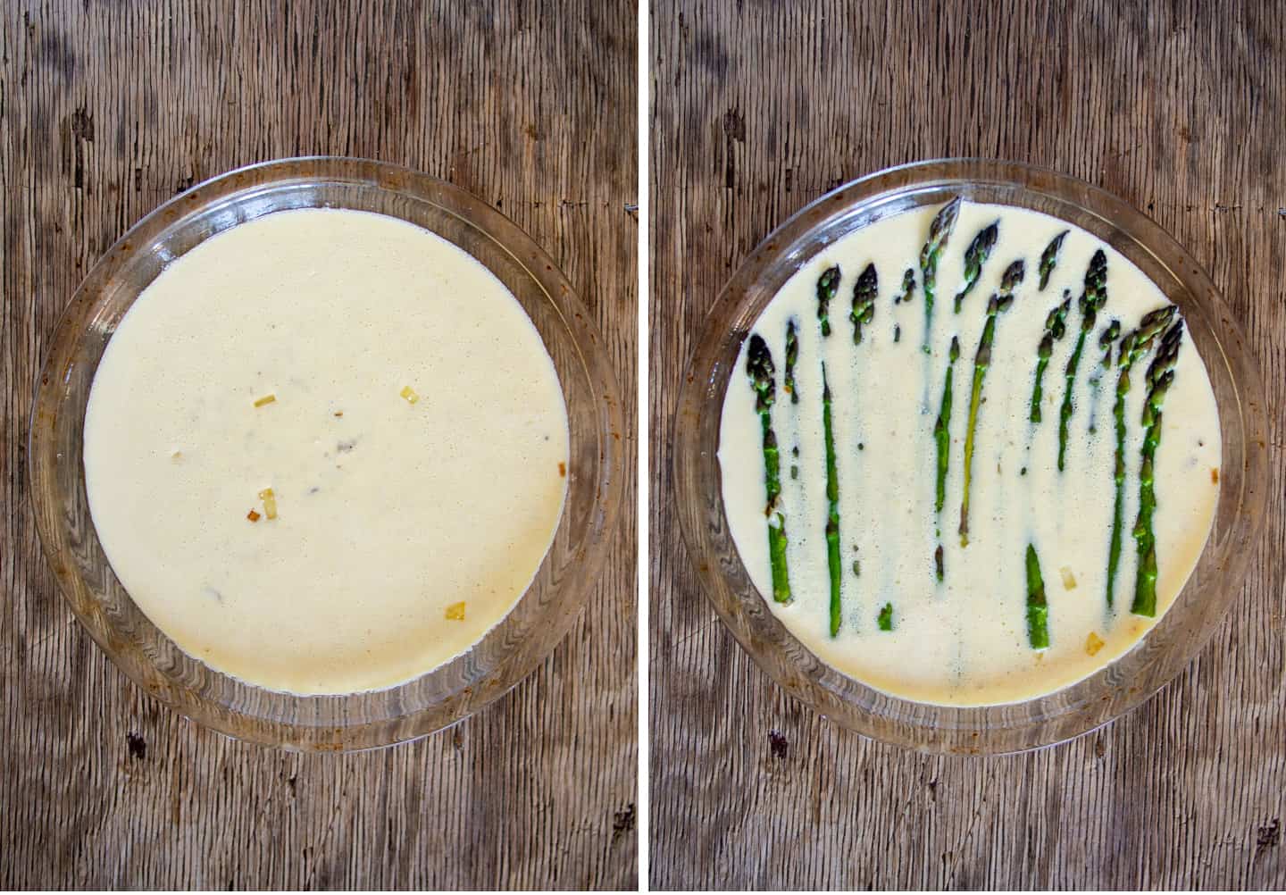 Egg mixture in quiche dish, with asparagus on top