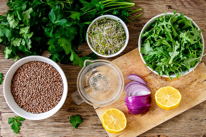 Dry Lentils and Salad Ingredients for Lentil Salad Recipe