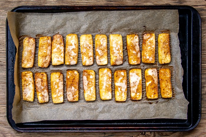 Baked Tofu with Soy Sauce on Baking Sheet