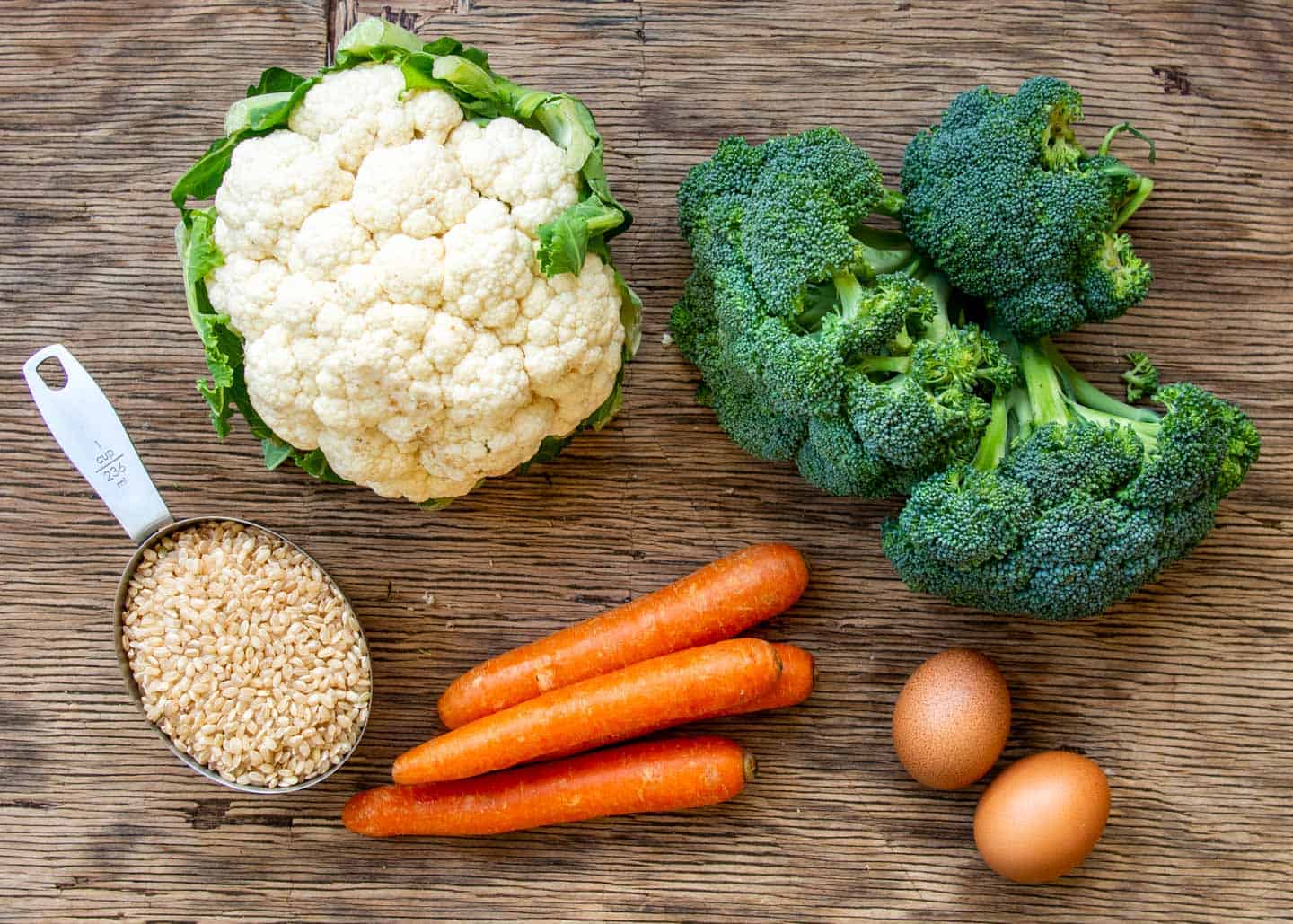 Ingredients for Gado Gado: brown rice, eggs, broccoli, cauliflower, carrots