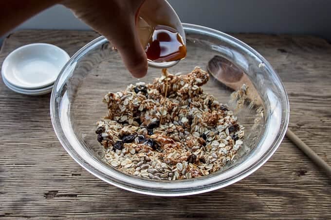 No Bake Peanut Butter Energy Balls - Add Dry and Liquid Ingredients and Mix