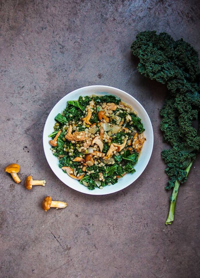 Recipe for Chanterelle Barley Risotto with Kale and Mung Beans