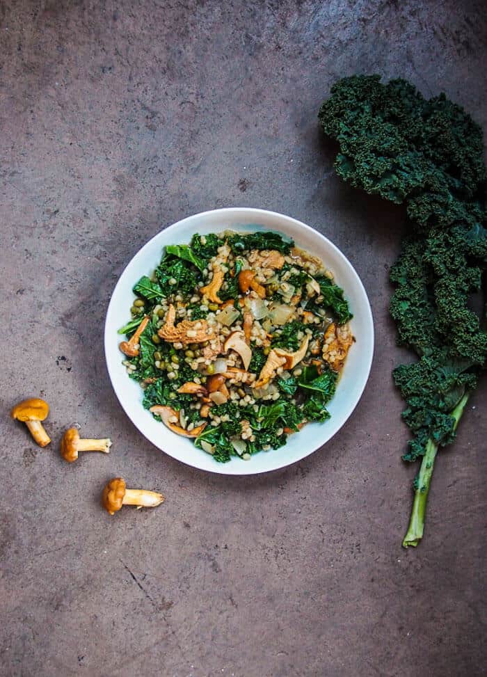 Recipe for Chanterelle Mushroom Barley Risotto with Kale and Mung Beans