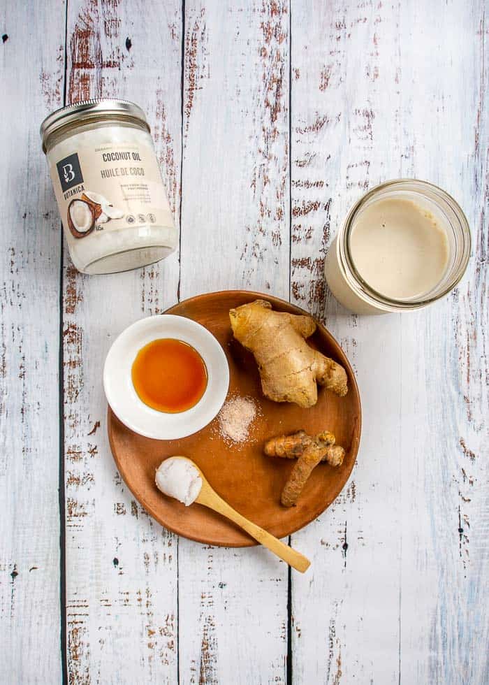 Ingredients for Turmeric Latte Recipe: Ginger, Turmeric, Coconut Oil