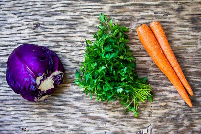 Ingredients for Healthy Coleslaw Recipe: Red Cabbage, Parsley and Carrot
