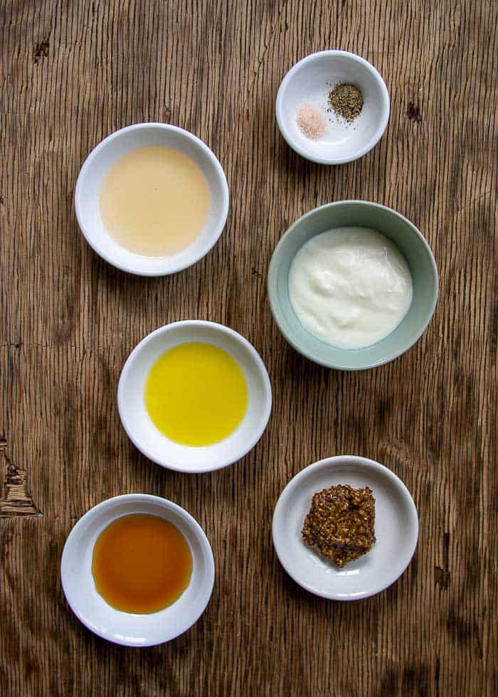 Ingredients for Yogurt Salad Dressing in White Bowls