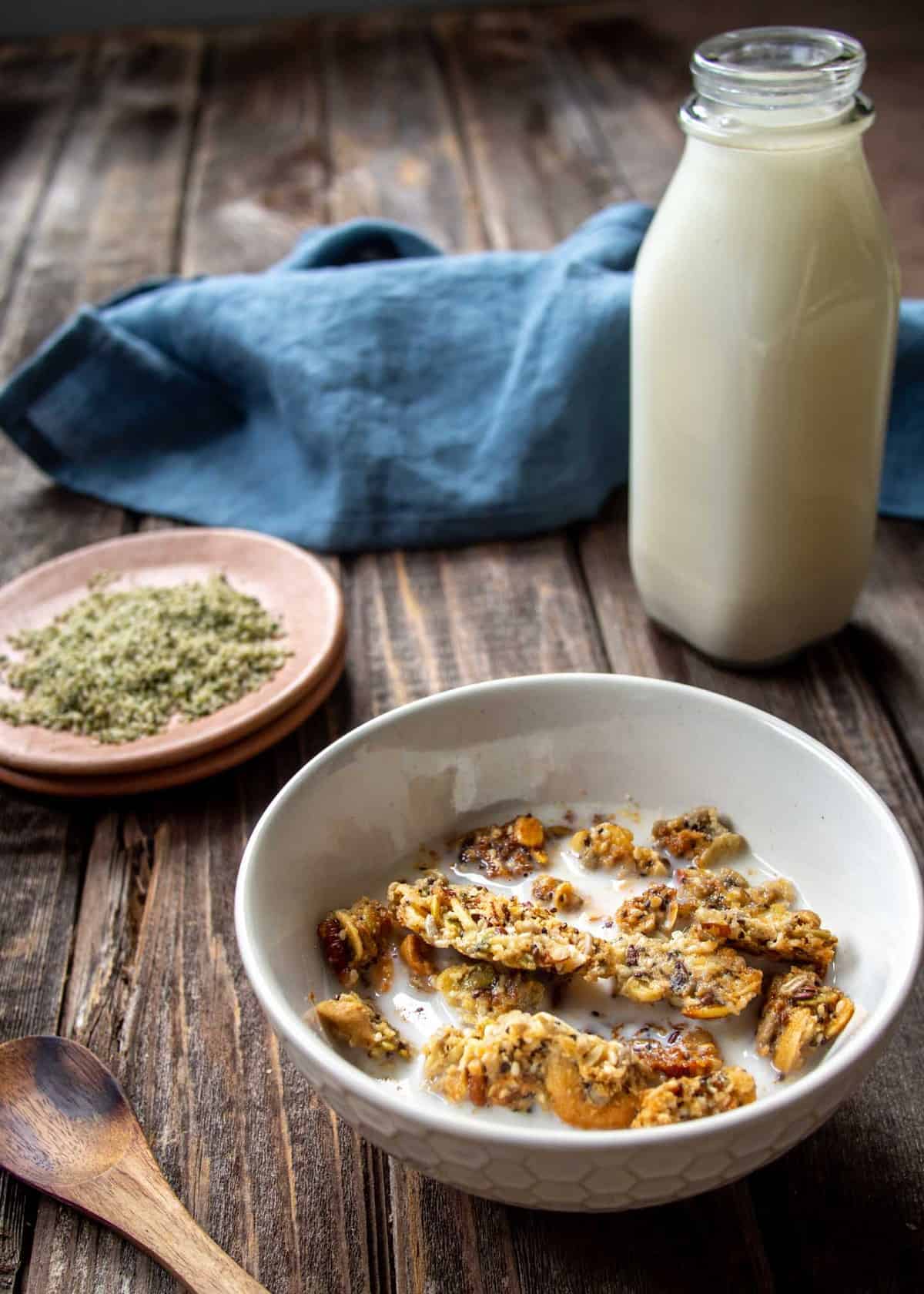 Granola with Hemp Seed and Hemp Milk On Side