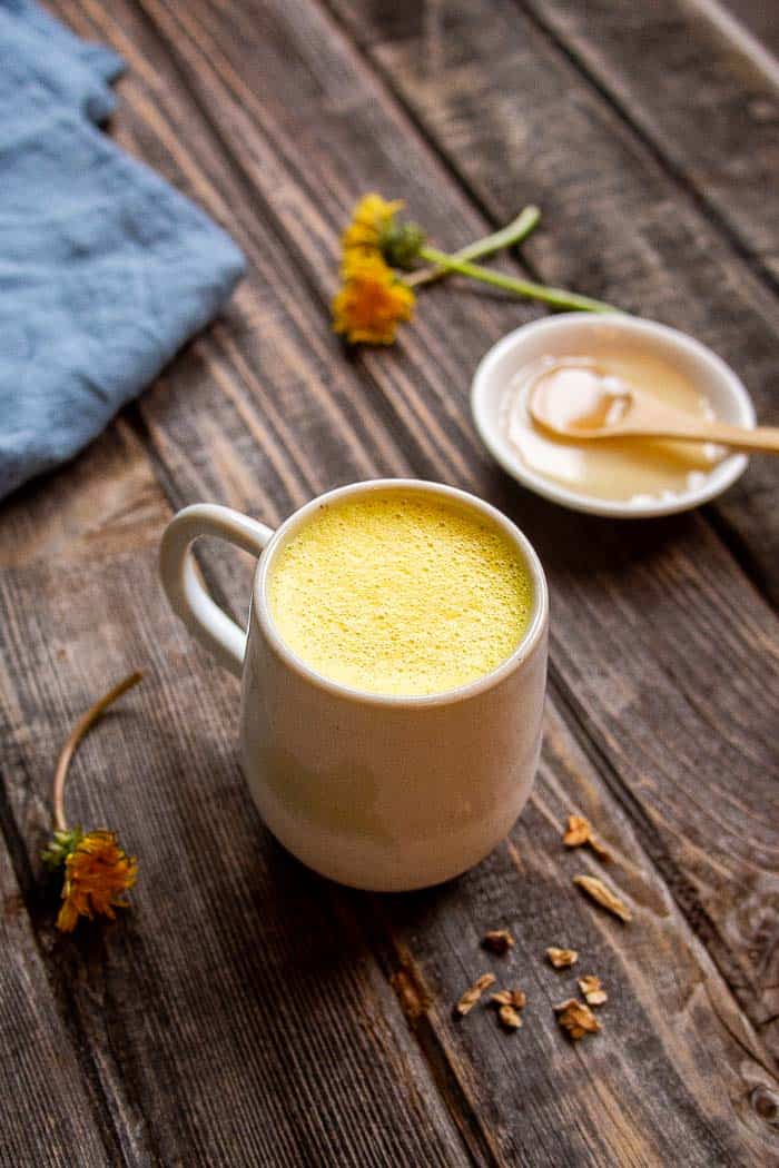 Dandelion Root Latte with Turmeric and Ginger in White Mug