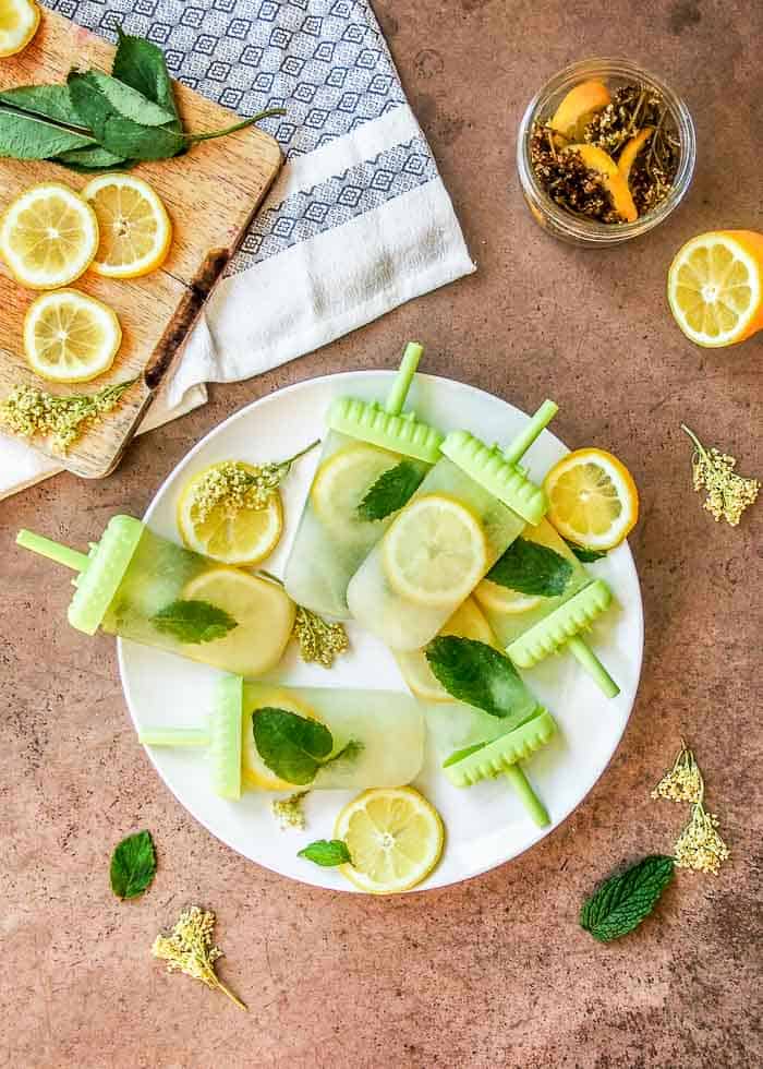 Lemon Mint and Elderflowers in Popsicles