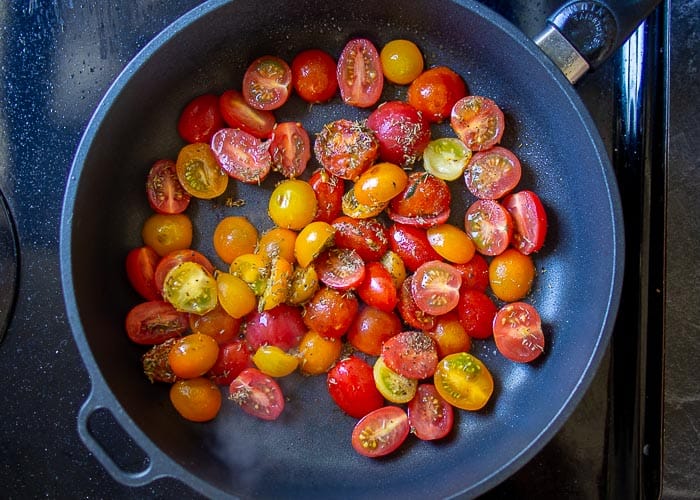 Halved Cherry Tomatoes in Frying Pan