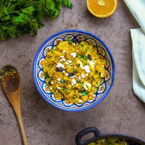 Moroccan Couscous Salad on Blue Bowl