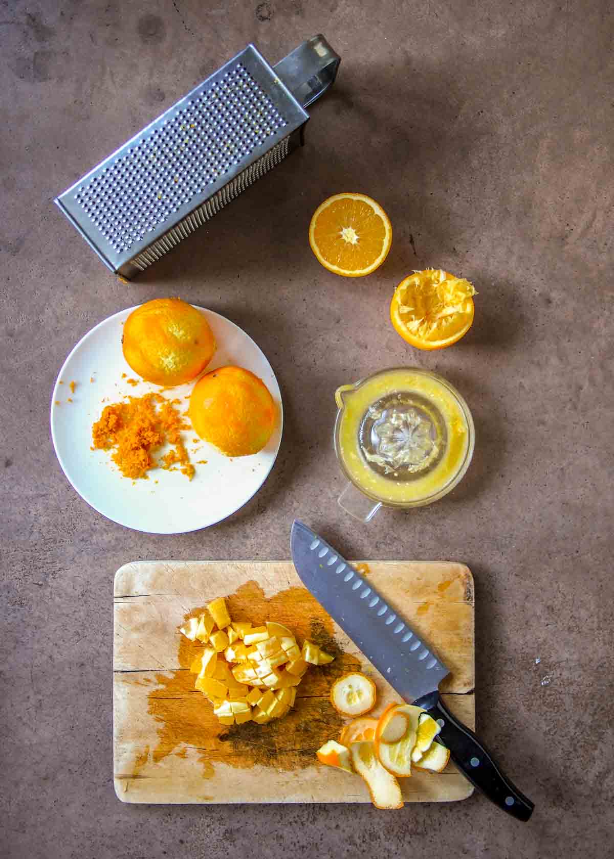 Grated orange for zest and an orange juiced
