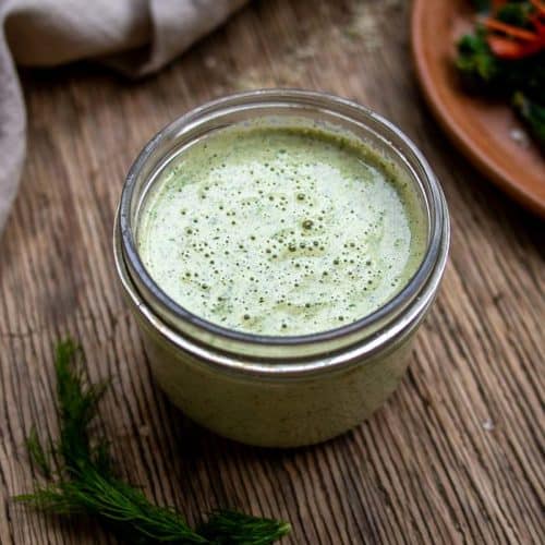 Vegan Ranch Dressing Recipe in Glass Jar with Dill