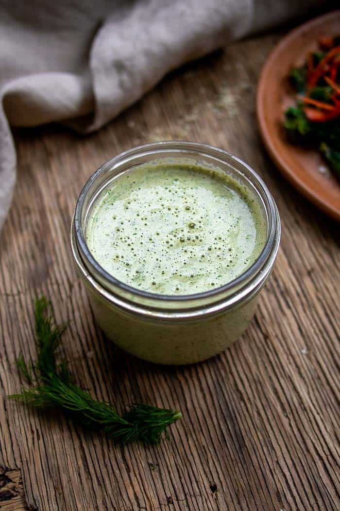 Vegan Ranch Dressing Recipe in Glass Jar with Dill