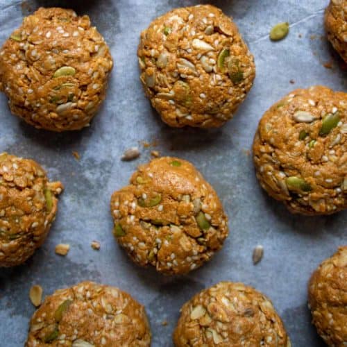 Seedy Peanut Butter Oatmeal Cookies on Baking Tray Overshot