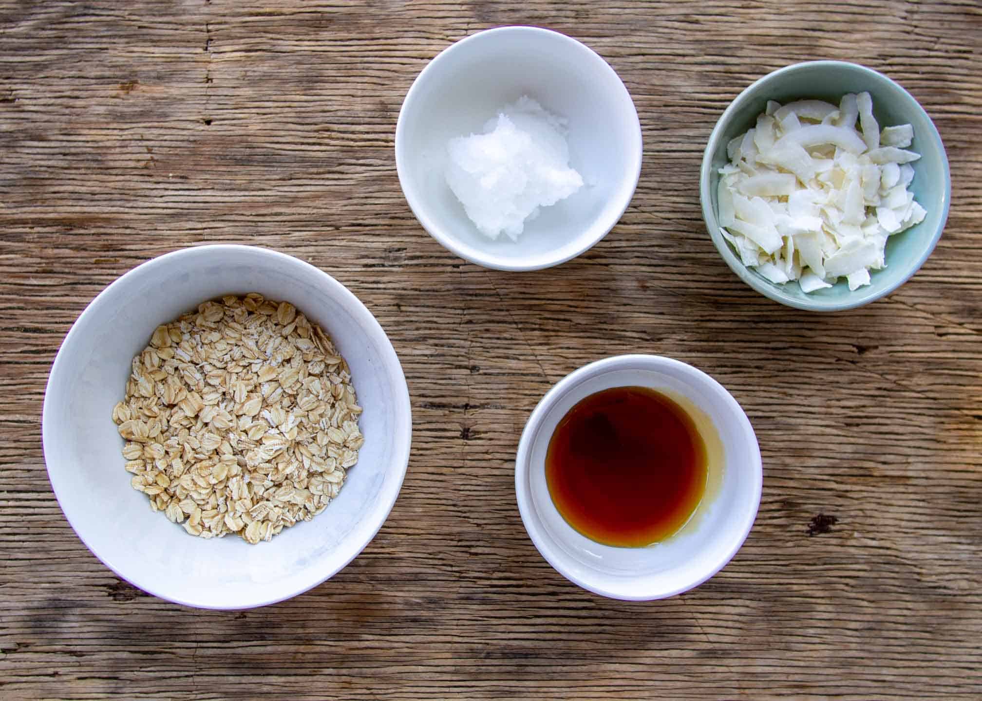 Toppings for Crisp: Oats, coconut oil, honey and coconut flakes